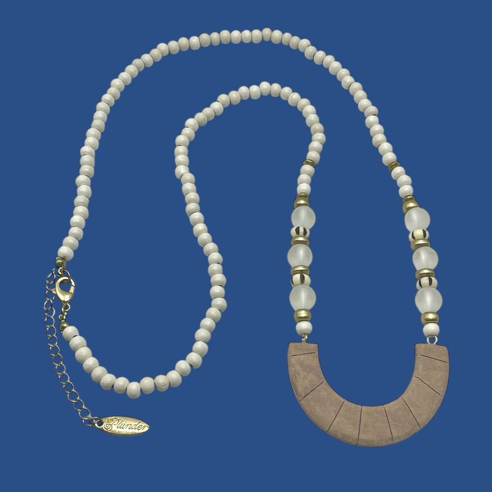 Plunder Necklace Curved Pendant Wooden Horseshoe Glass Beaded 33” Boho Gold Tone